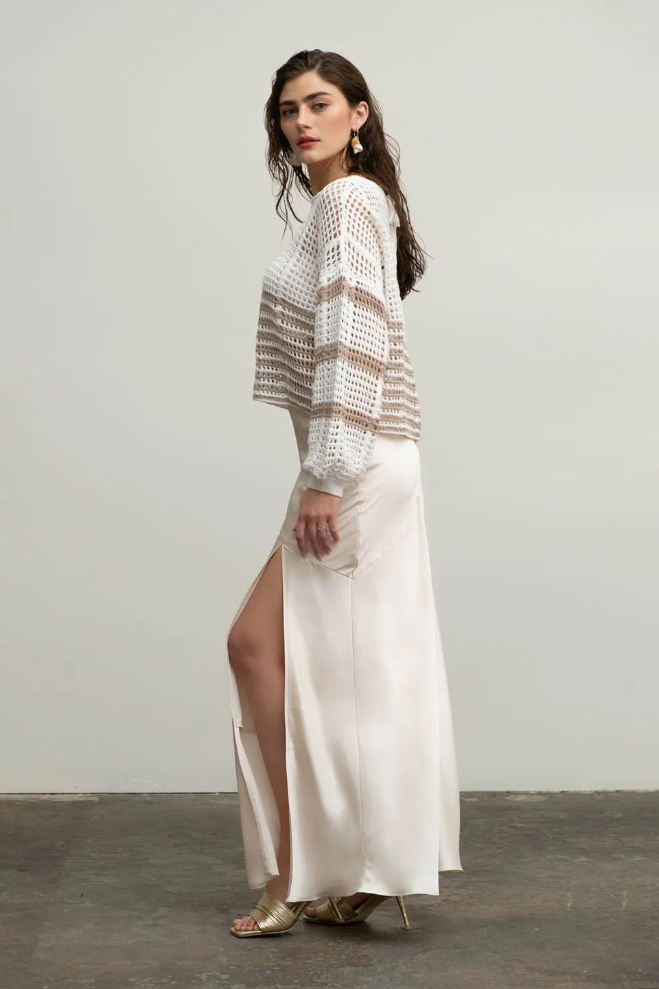 SATIN ASYMMETRICAL SIDE SLIT MIDI SKIRT