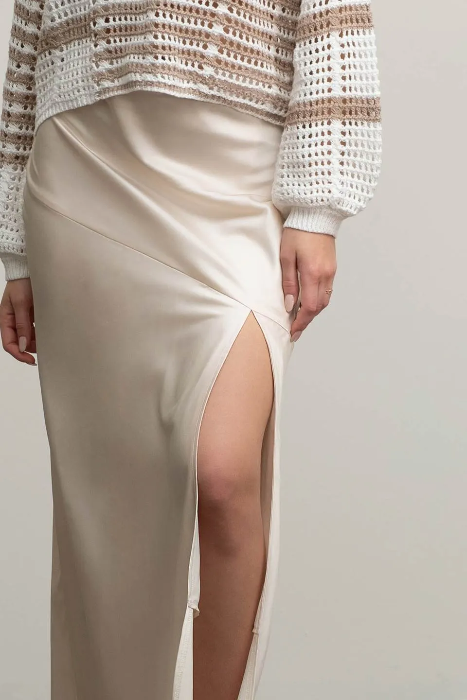 SATIN ASYMMETRICAL SIDE SLIT MIDI SKIRT