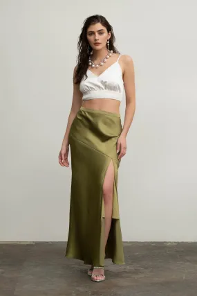 SATIN ASYMMETRICAL SIDE SLIT MIDI SKIRT