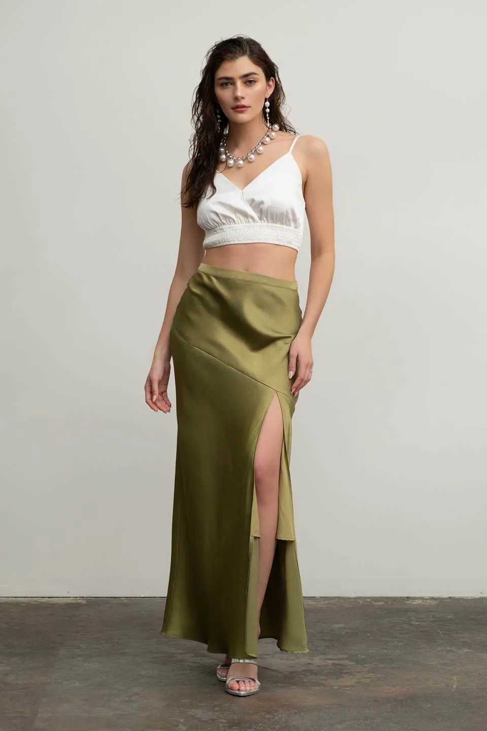 SATIN ASYMMETRICAL SIDE SLIT MIDI SKIRT