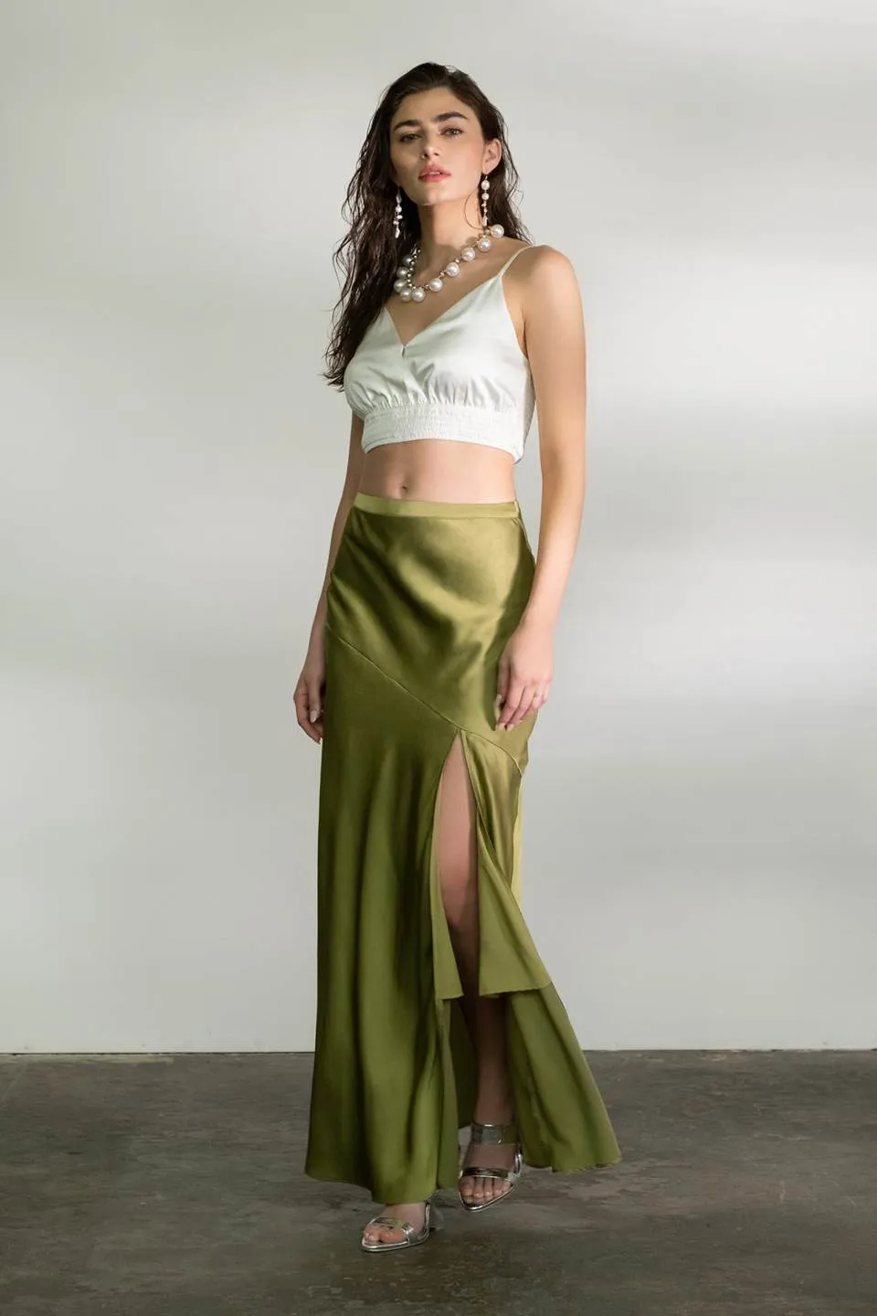 SATIN ASYMMETRICAL SIDE SLIT MIDI SKIRT