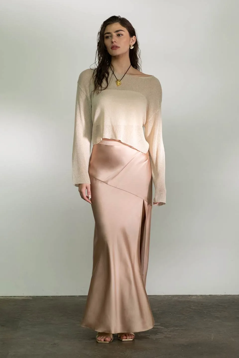 SATIN ASYMMETRICAL SIDE SLIT MIDI SKIRT