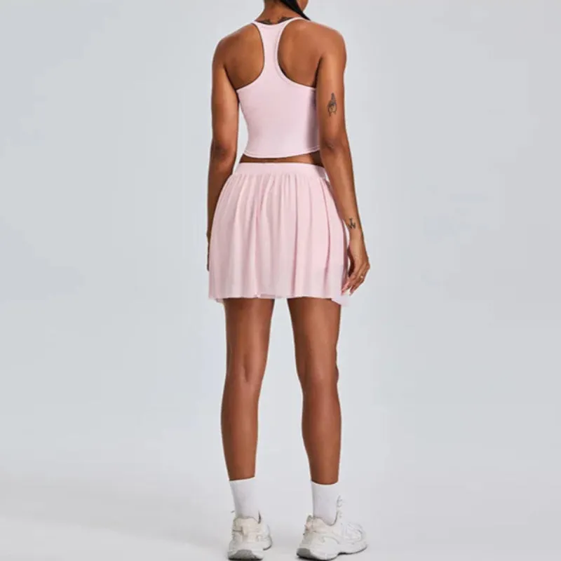 Solid Color Stretchy Crop Sleeveless Top And Pleated Mini Skirt Set