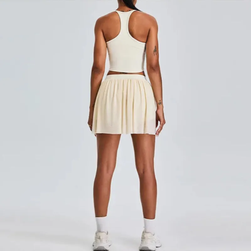Solid Color Stretchy Crop Sleeveless Top And Pleated Mini Skirt Set
