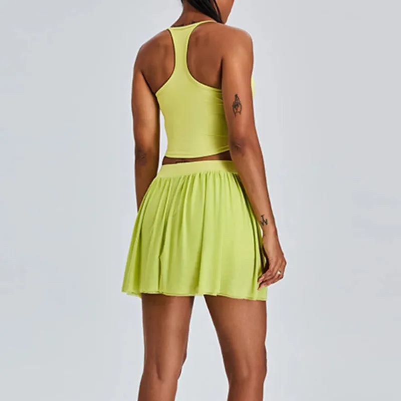 Solid Color Stretchy Crop Sleeveless Top And Pleated Mini Skirt Set
