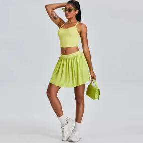 Solid Color Stretchy Crop Sleeveless Top And Pleated Mini Skirt Set