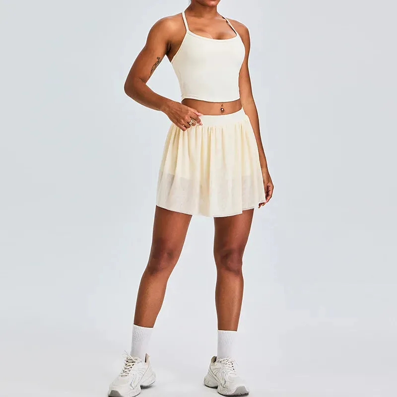 Solid Color Stretchy Crop Sleeveless Top And Pleated Mini Skirt Set