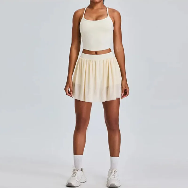 Solid Color Stretchy Crop Sleeveless Top And Pleated Mini Skirt Set