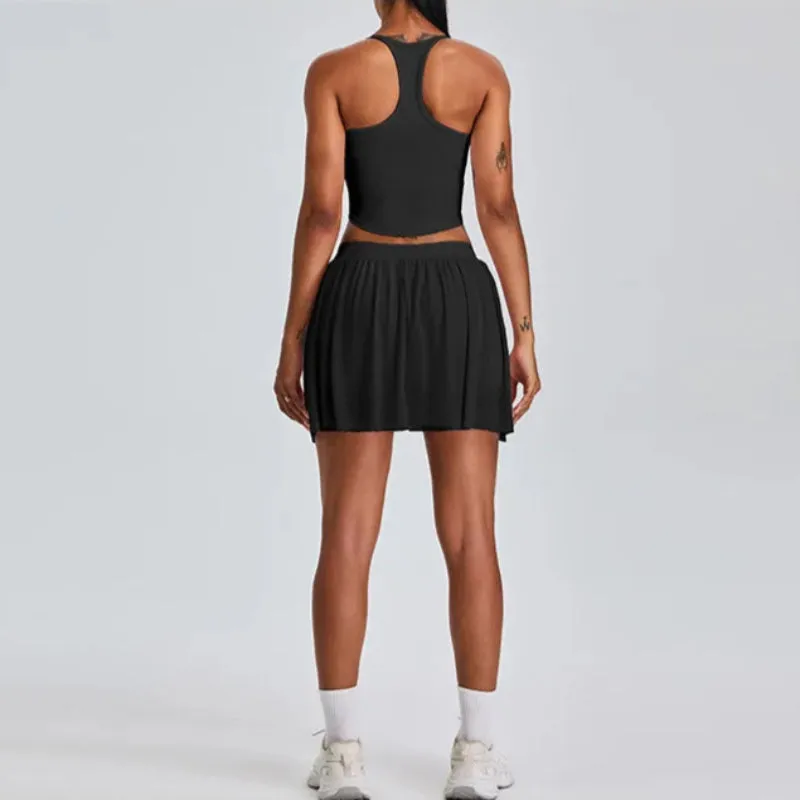 Solid Color Stretchy Crop Sleeveless Top And Pleated Mini Skirt Set
