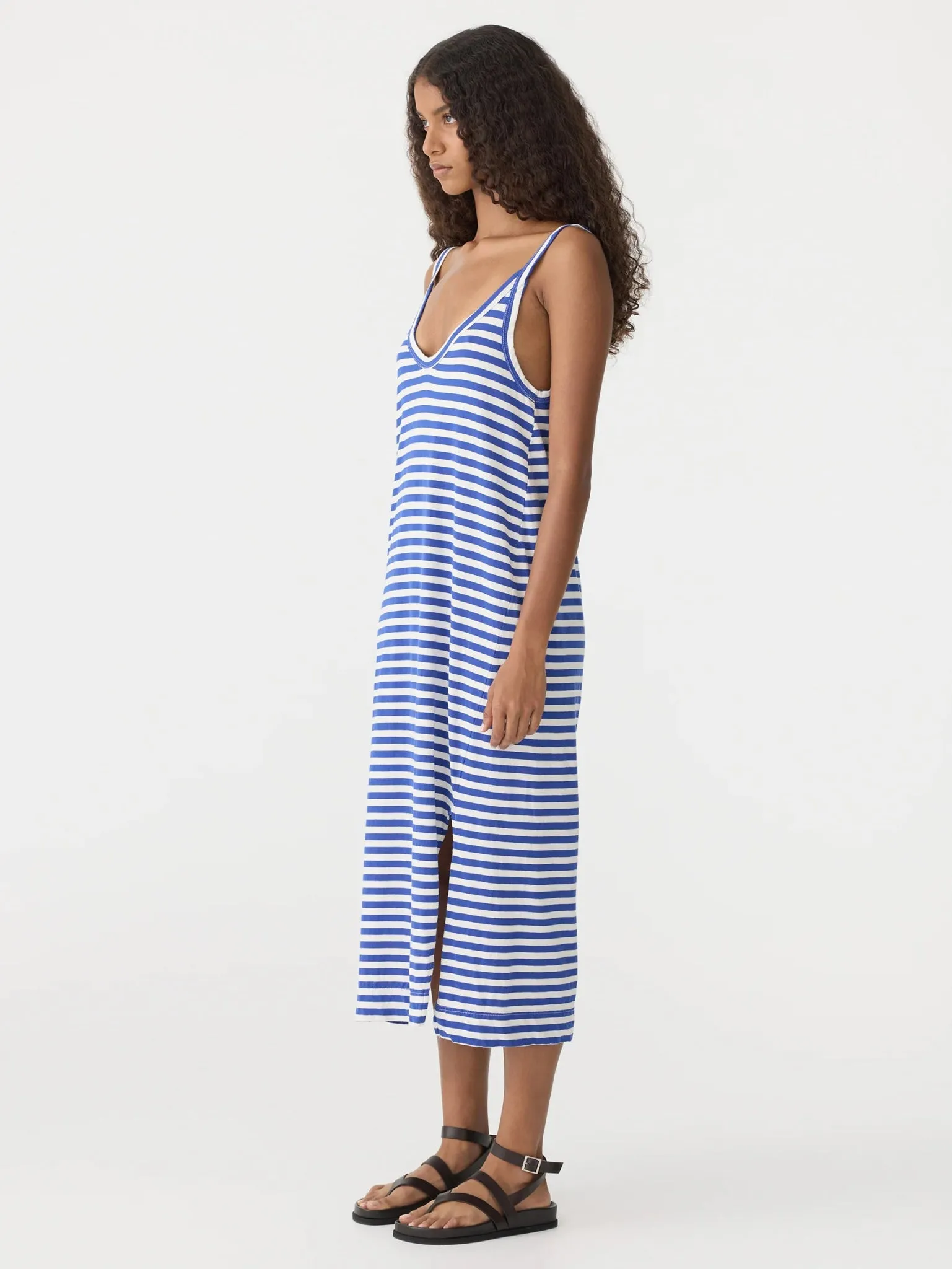 Stripe v neck jsy slip dress | Nat/Cobalt