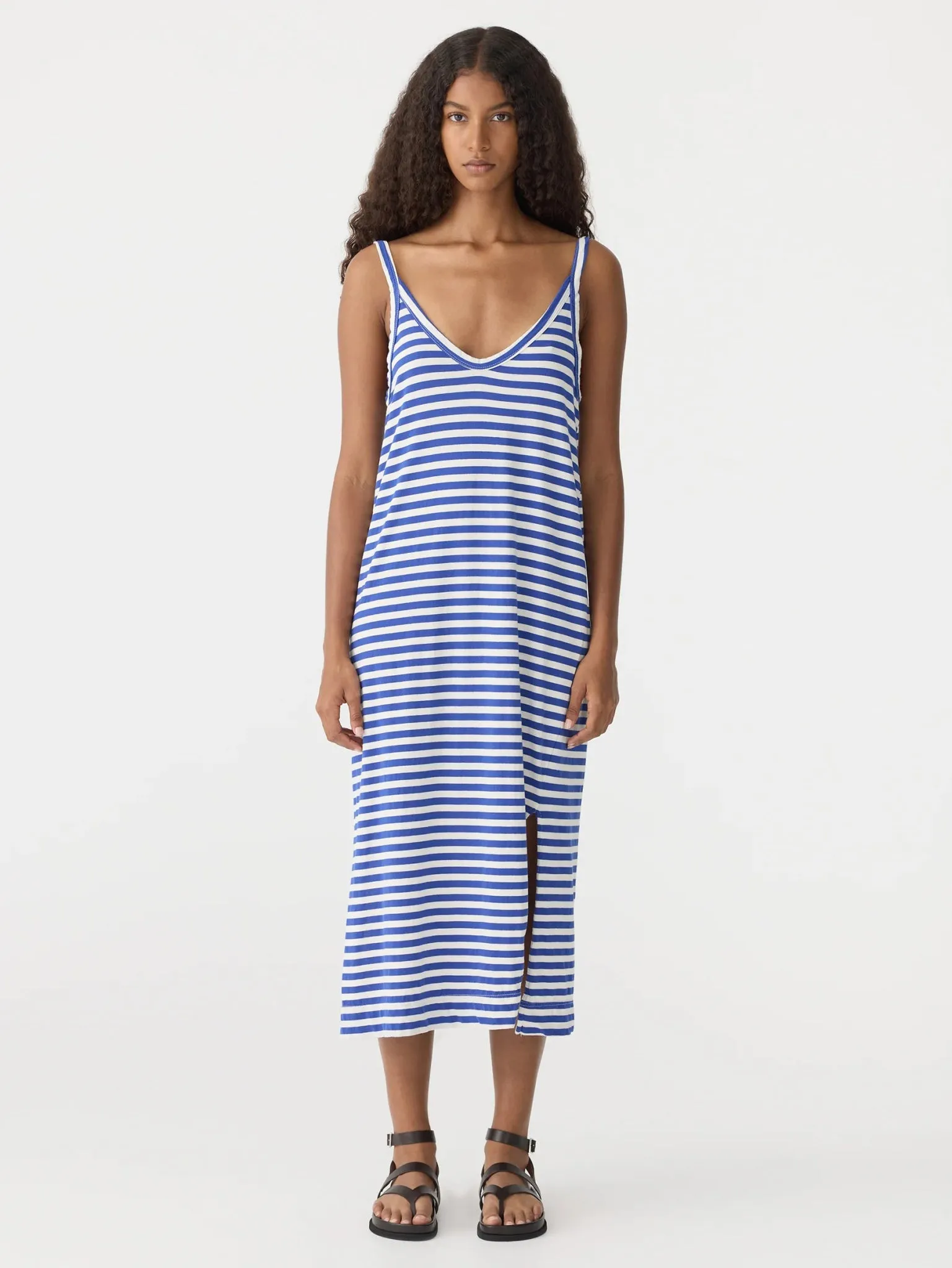 Stripe v neck jsy slip dress | Nat/Cobalt