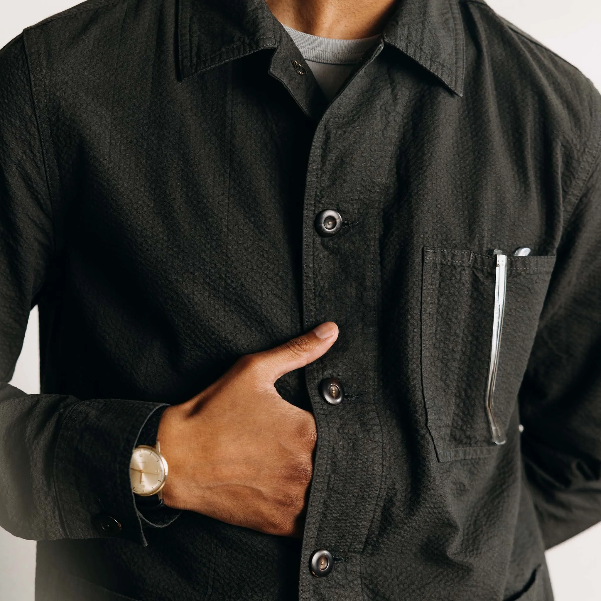 The Ojai Jacket in Faded Black Seersucker